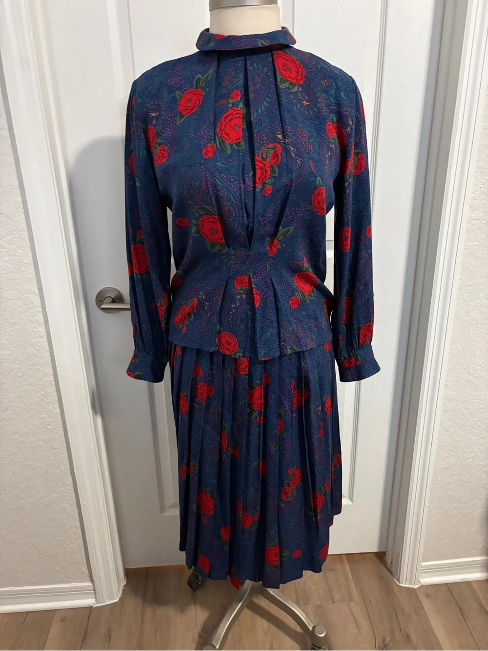 Vintage Pendleton Navy Floral Pleated Blouse and Midi Skirt Set with Red Rose